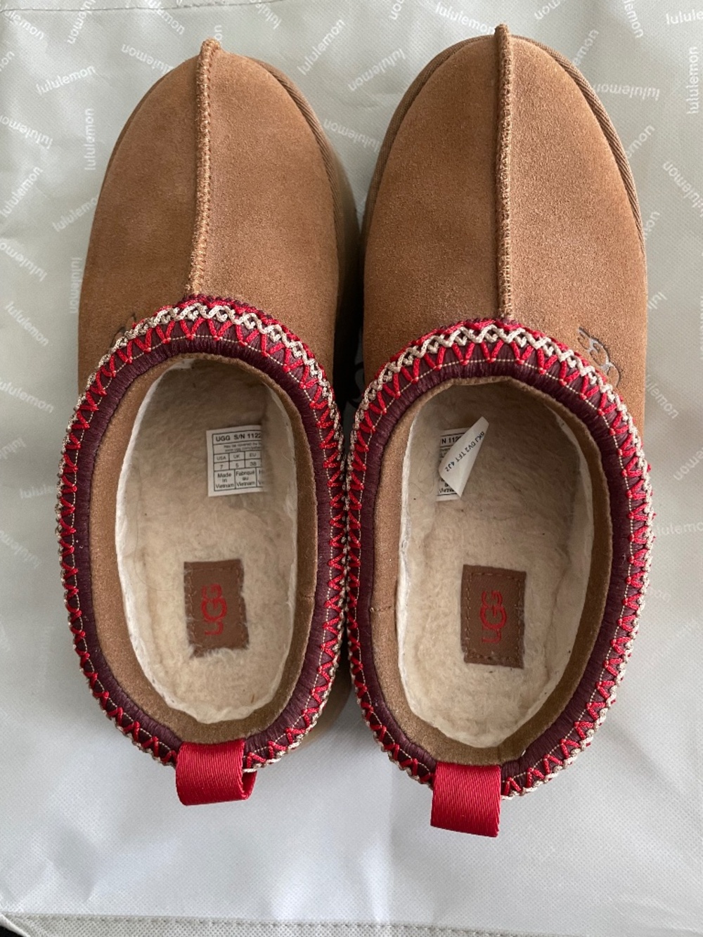 UGG Brown Suede Slip-On Slippers with Red Trim